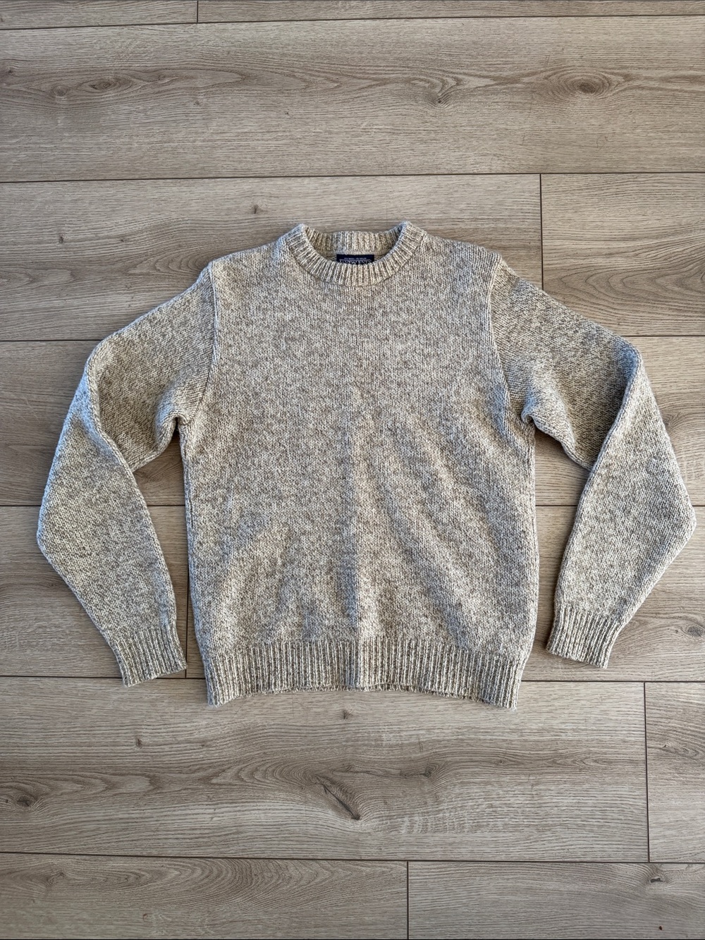Lands’ End Wool Sweater Women’s Large Tan Cream Crew Neck Fall Warm Cottagecore
